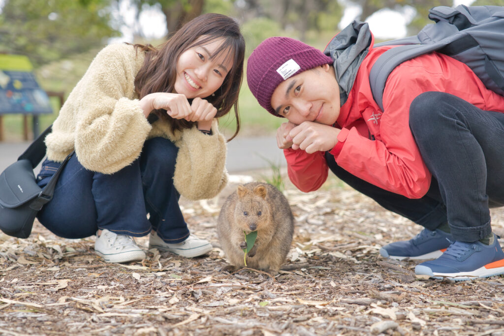 お食事中クオッカと私たち夫婦の3ショット