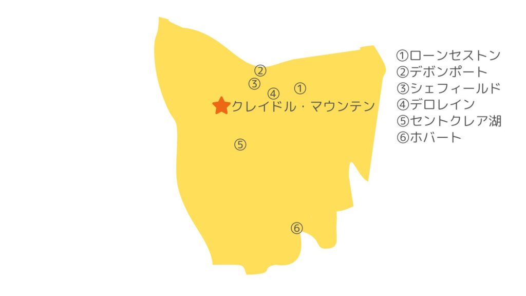 クレイドルマウンテンと各都市の位置関係