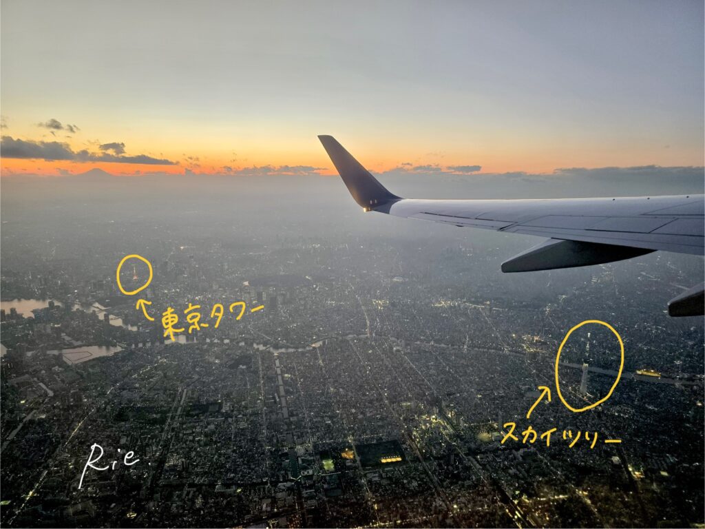 飛行機の窓から見た東京の街